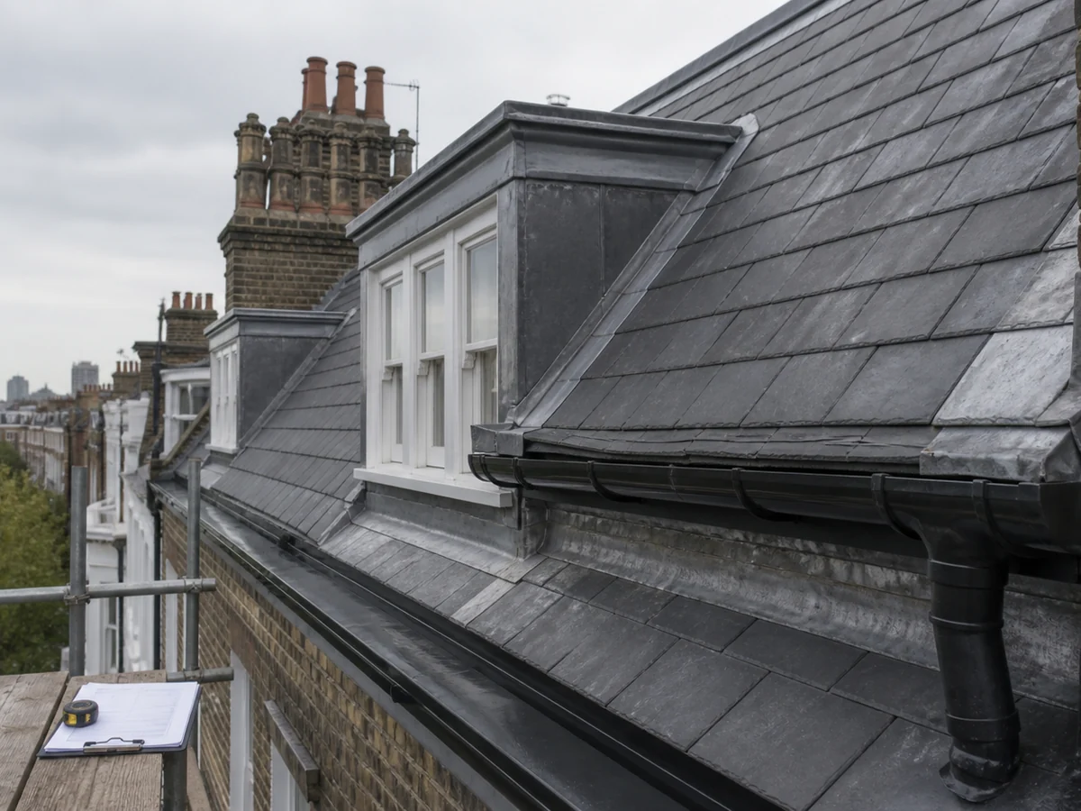 Slate roof, dormers and guttering on a period terrace